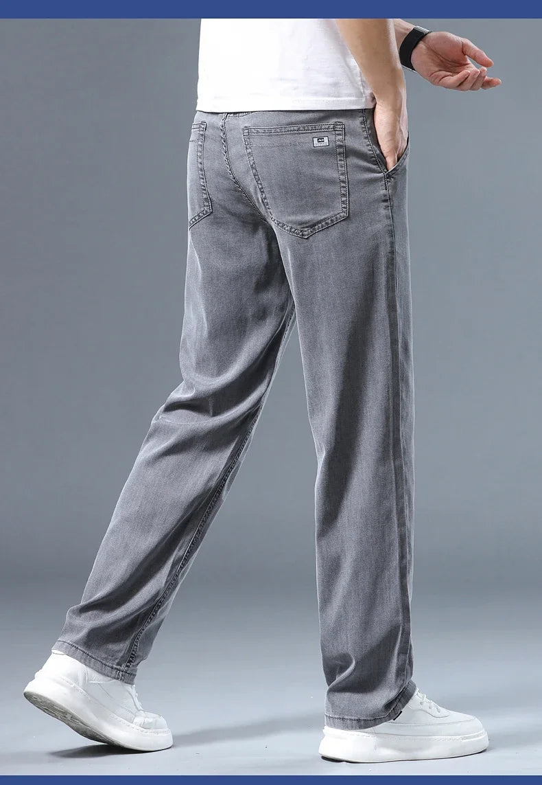 Summer Men's Lyocell Baggy Jeans Thin Soft Drape Business Casual Trousers Classic Smoke Gray Brand Straight Ice Silk Pants