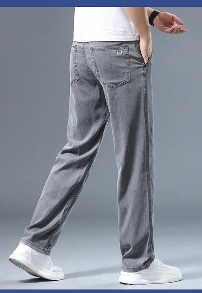 Summer Men's Lyocell Baggy Jeans Thin Soft Drape Business Casual Trousers Classic Smoke Gray Brand Straight Ice Silk Pants