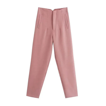 TRAF Women Fashion With Pockets Casual Basic Solid Pants Vintage High Waist Zipper Fly Female Ankle Trousers Pantalones Mujer