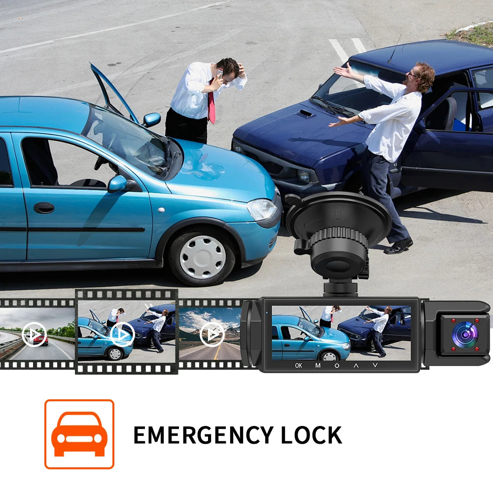 3 caméras Dash Cam 1080P caméra de recul avant et arrière Vision nocturne moniteur de stationnement voiture DVR 3 voies enregistreur vidéo de voiture avec cadeau