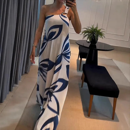 Summer Dress for Women 2024 New Slant Neck Fashion Printed Open Back Casual Dresses Sleeveless Long Skirt Female Streetwear