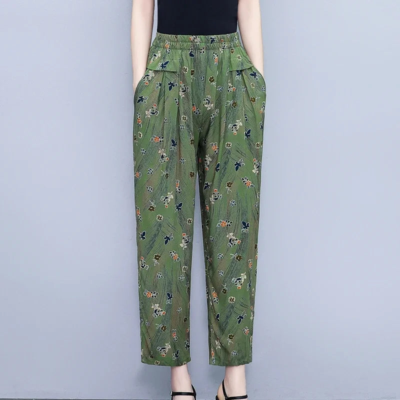 Women Pants High Waist Loose Print Summer Pants for Women Elastic Waist Vintage Clothing