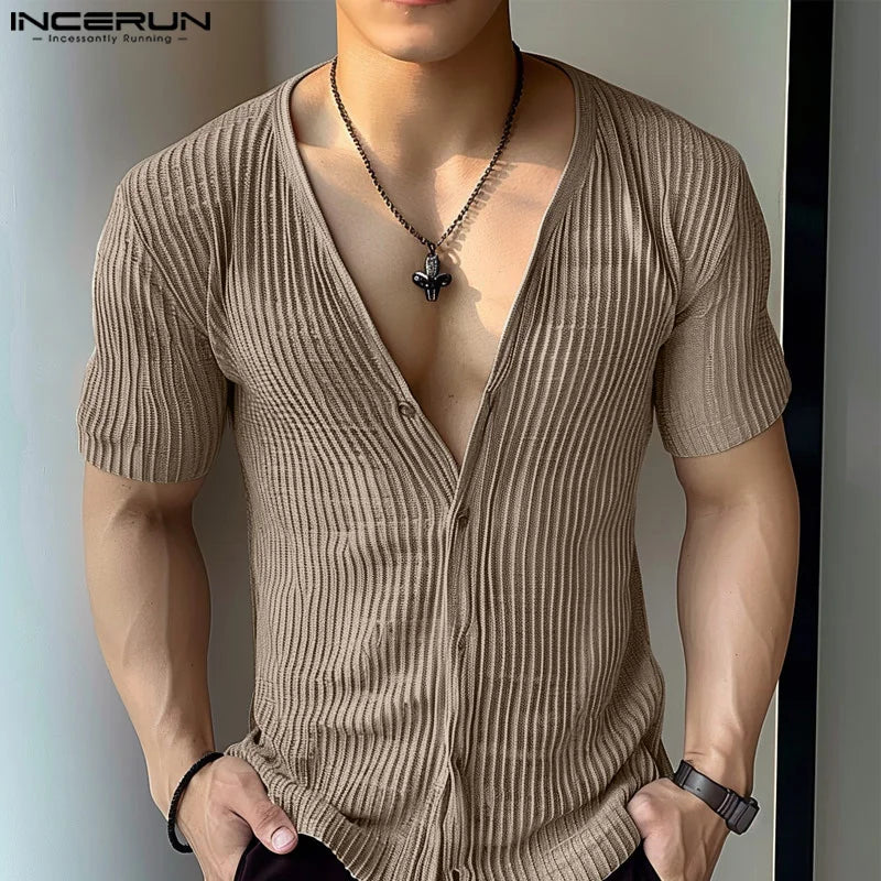 INCERUN Tops 2024 American Style Fashion New Men Deep V-neck Textured Striped Shirts Casual Streetwear Male Short Sleeved Blouse