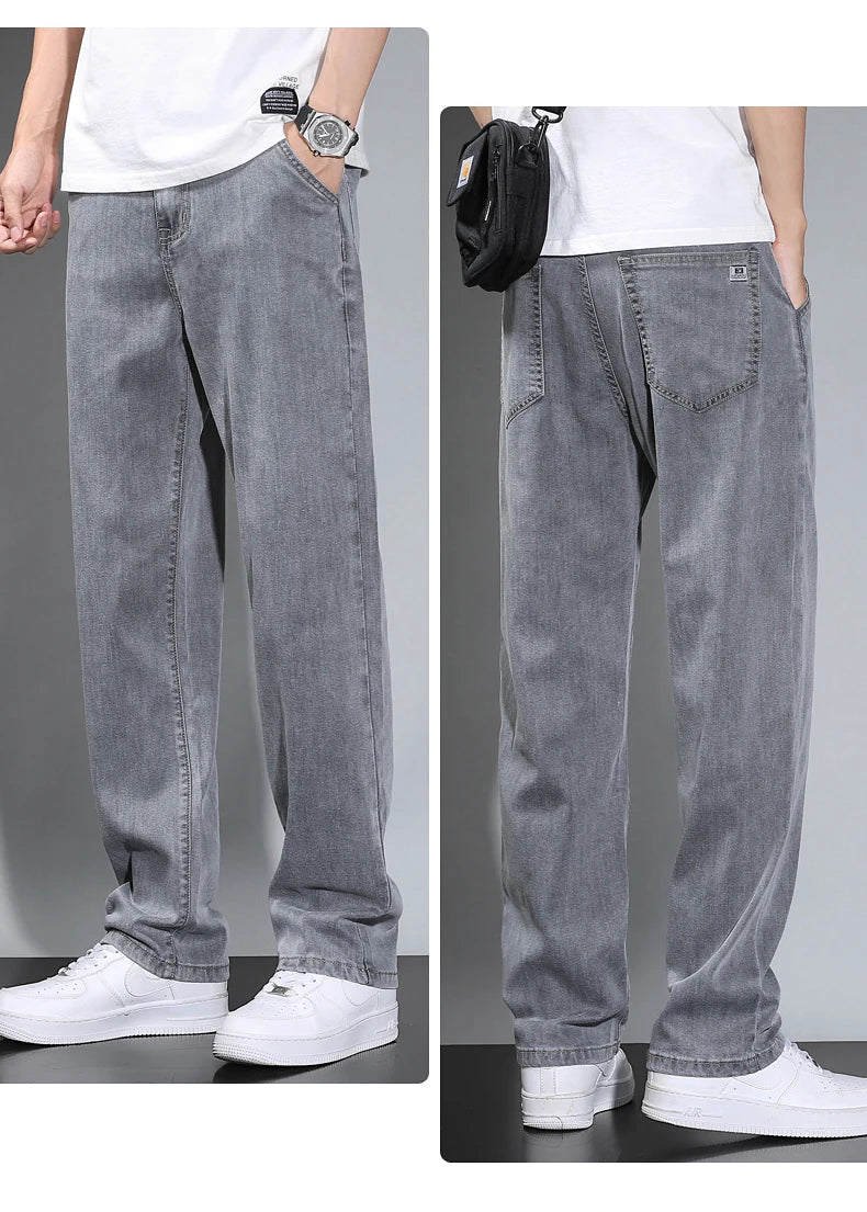 Summer Thin Men's Straight Loose Gray Jeans Soft Fabric Lyocell Fabric Light Colored Casual Pants Male Brand Trousers