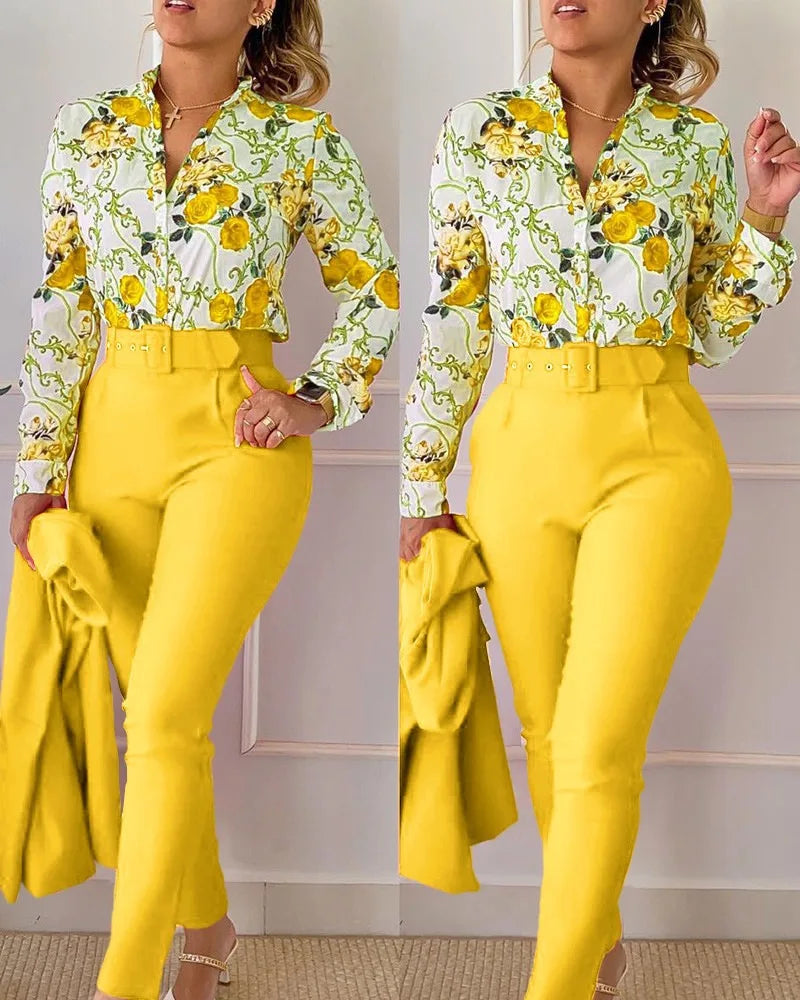 Elegant Women Two Piece Set Suits Fall New Fashion Print Long Sleeve Top Solid Color Pants Set With Belt  Blouses Female Clothes