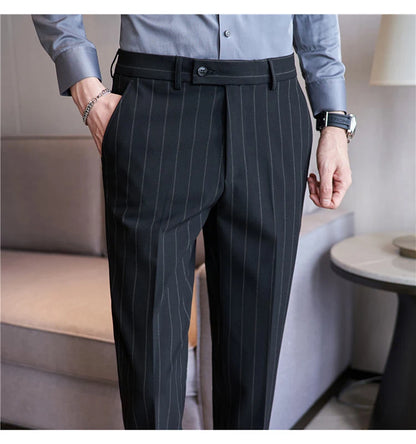 Men's Striped Suit Pants Elastic 2024 Autumn New Social Casual Trousers Slim Fit Suit Pants Business Office Wedding Men Clothing