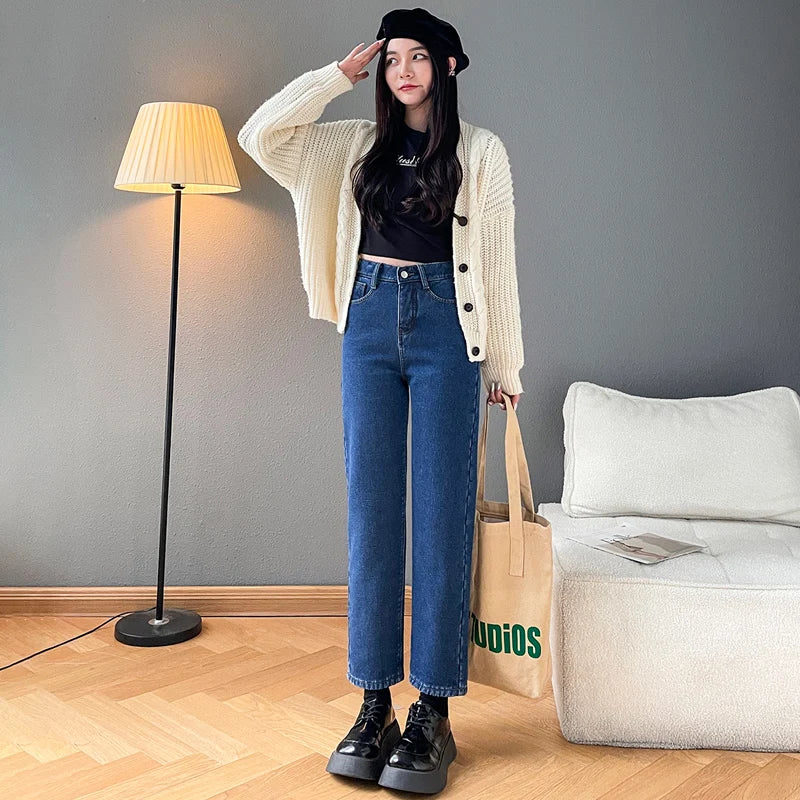 Women Straight Trousers Beige Keep Warm Fur Denim Jeans Thick Velvet Herm Pants Casual Vintage Female Winter Fleece Baggy Pants