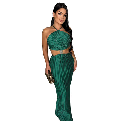 CM.YAYA Women Elegant Halter Sleeveless Long Maxi Dress Pleated Backless Beach Holiday Sexy Party Vestido Dresses 2024 Summer