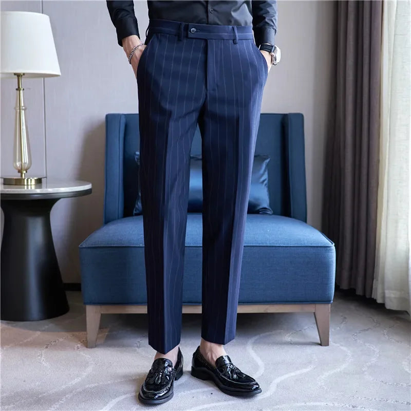 Men's Striped Suit Pants Elastic 2024 Autumn New Social Casual Trousers Slim Fit Suit Pants Business Office Wedding Men Clothing