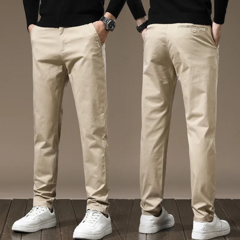 Autumn New Pure Cotton Casual Pants for Men Black Khaki Gray Business Slim Straight Elastic Fashion Casual Long Pants Male