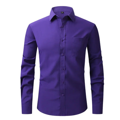 2024 Anti-Wrinkle Stretch Slim Elasticity Fit Male Dress Business Basic Long Sleeved Men Social Formal Shirt USA SIZE S-2XL