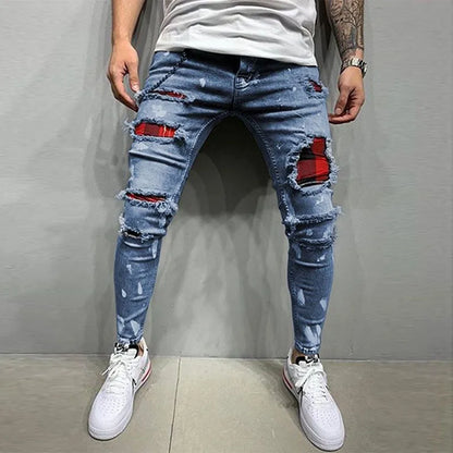 Hip Hop Men's Fashion Embroidered Jeans 2023 Street Club Ripped Denim Pants Classic Blue And White Slim Stretch Pantalon S-4XL