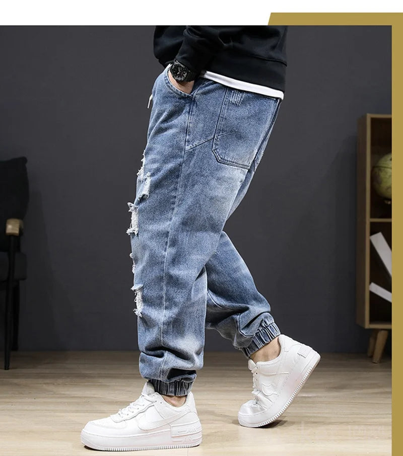 Large size jeans autumn winter section jeans men stretch elastic men high waist plus size hole trousers 8XL 7XL ripped jeans