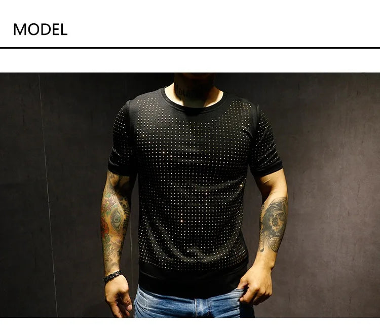 Summer High Quality New  Shiny Round Neck Pure Cotton Slim Heavy Industry Classic Full Diamond Short Sleeve T-Shirt Men