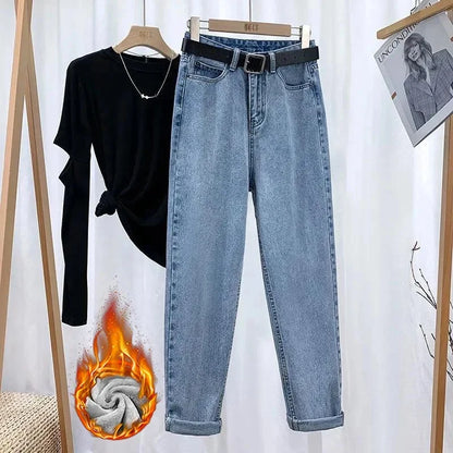 Women's Loose-Fit High-Waisted Fleece-Lined Jeans Slimming Thickened Warm Petite Nine-Point-Slim Fashion Trendy Spring Autumn Je