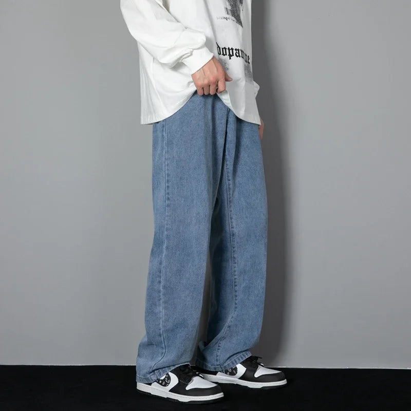 New Korean Men's Casual Long Jeans Classic Man Straight Denim Wide-leg Pants Solid Color Light Blue Grey Black 3XL