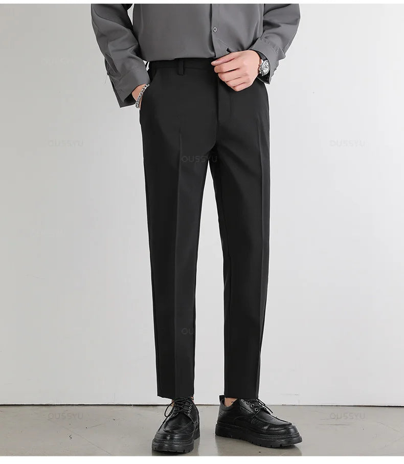 Spring Summer Suit Pants Men Slim Work Elastic Waist Soft Formal Trousers Male Korea Thick Black Brand Clothing Plus Size 40 42