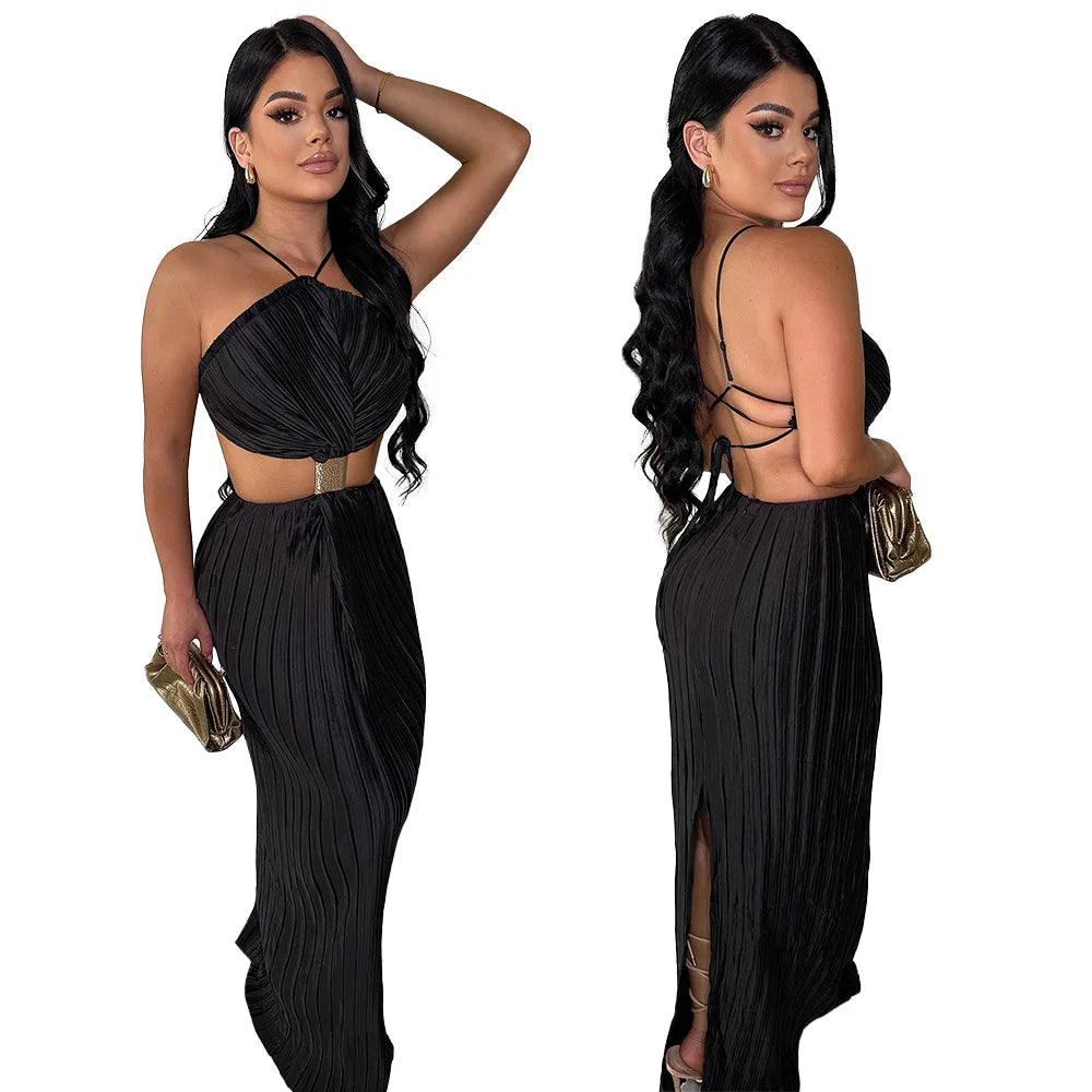 CM.YAYA Women Elegant Halter Sleeveless Long Maxi Dress Pleated Backless Beach Holiday Sexy Party Vestido Dresses 2024 Summer