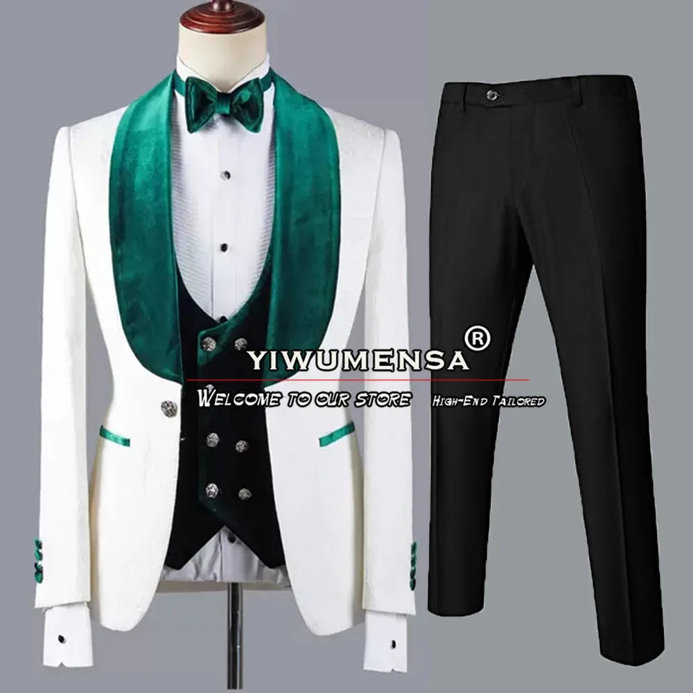 Latest Men Suits White Jacquard Black Velvet Lapel Blazer Sets Formal Wedding Groomsman Tuxedo Tailor-Made Man Marriage Clothing