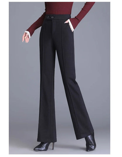 2024 Autumn Winter Women's Woolen Pants New Fashion High Waist Elastic Micro Flare Pants Slim Female Casual Wool Trousers 4XL