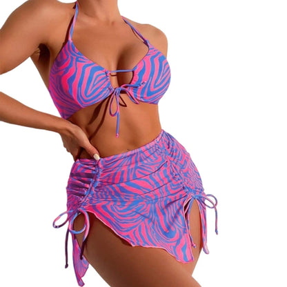 Women Sexy Hollow Out Swimsuit with Beach Skirt Three Pieces Stripe Print Split Bathing Suit Lady String Halter Neck Bikinis Set