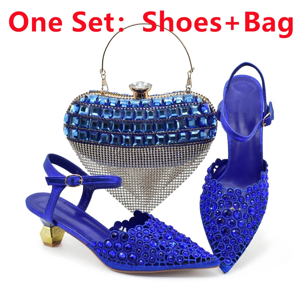 Italian Shoes and Bags Matching Set 2024 Rhinestones African Peep Toe Women High Heel Evening Party Pumps Wedding Shoes Bride