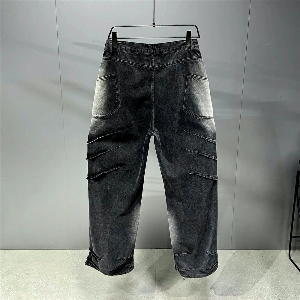 High Quality Black Vintage Casual Gradient Cargo Jeans Streetwear Straight Leg Jeans Hip Hop Denim Pants Kpop Trousers Male