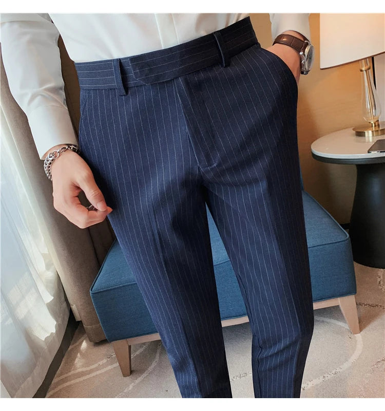 British Style Striped Slim Fit Suit Pant Men Business Casual Simple Dress Pants High Quality Social Wedding Party Trousers 38-28