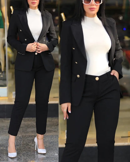 Elegant Office Lady Two Piece Sets New Autumn Winter Women Fashion Notched Neck Long Sleeve Blazer & High Waist Work Pants Suit