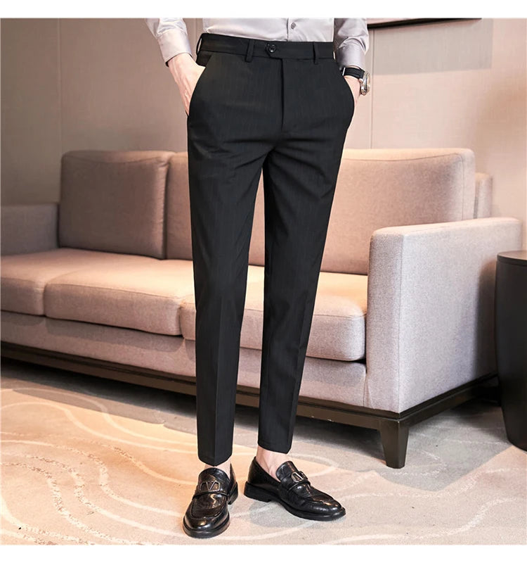 Autumn Winter Thickened Striped Suit Pant Men Business Slim Fit Long Pants Formal Office Social Party Casual Pants Streetwear