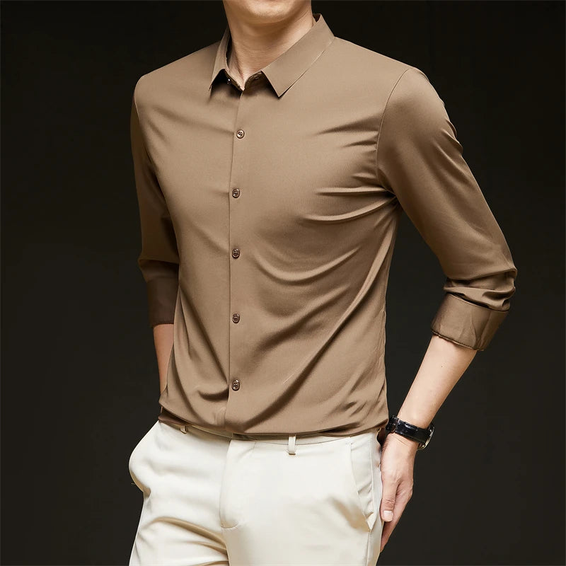 New Men's Business Casual Long Sleeved Solid Color Shirt Wrinkle Resistant Wrinkle Free Comfortable All Season Versatile Top