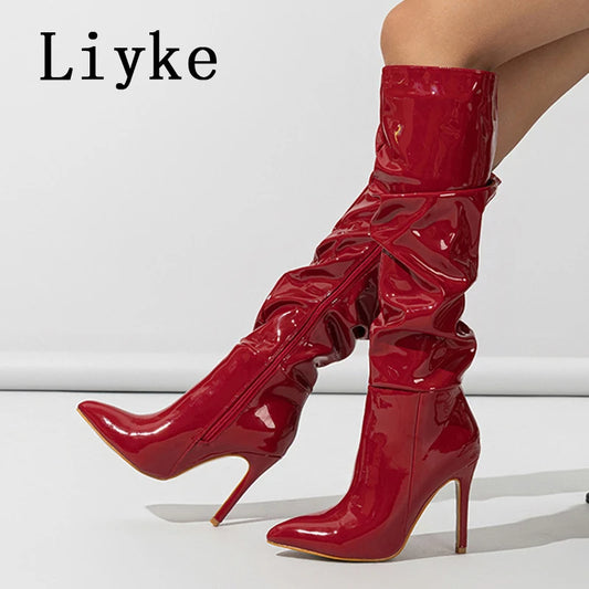 Liyke Fashion Design Pleated Patent Leather Knee High Boots Women Red Pointed Toe Zip Stiletto Heels Party Shoes Booties Female