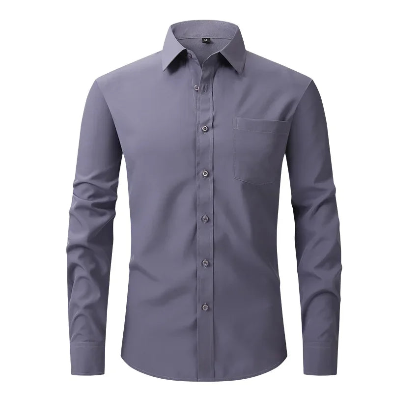 2024 Anti-Wrinkle Stretch Slim Elasticity Fit Male Dress Business Basic Long Sleeved Men Social Formal Shirt USA SIZE S-2XL