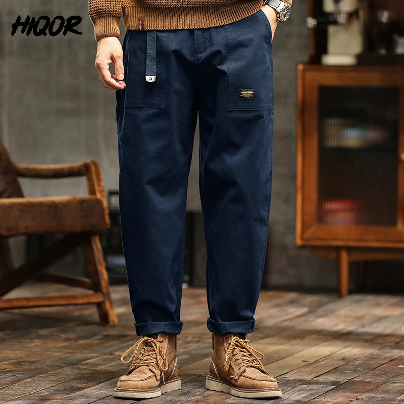 HIQOR Mens Clothing Spring Autumn Cargo Pants Man Cotton Casual Loose Trouser Belt Mid Waist Joggers Male Straight Baggy Pants