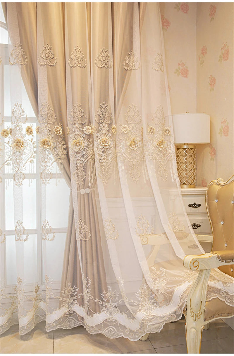 Embossed 3D Embroidered Luxury Double Layer Curtains for Living Room Bedroom Dining Elegant High Shading Coffe Windows Drapes