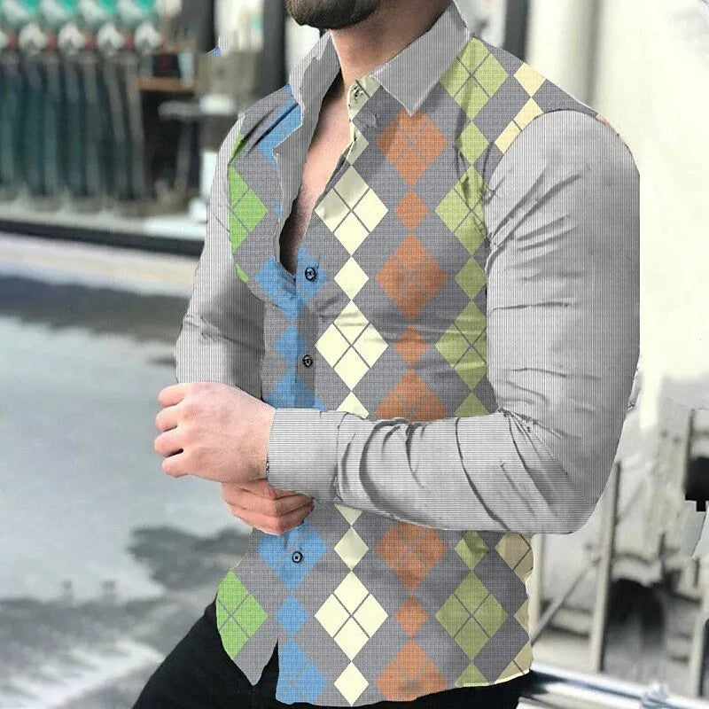 Long Sleeve Hawaiian Shirt 3D Printed Lapel Shirt Men's Fashion Shirt Geometric Beach Shirt Luxury Men's Clothing