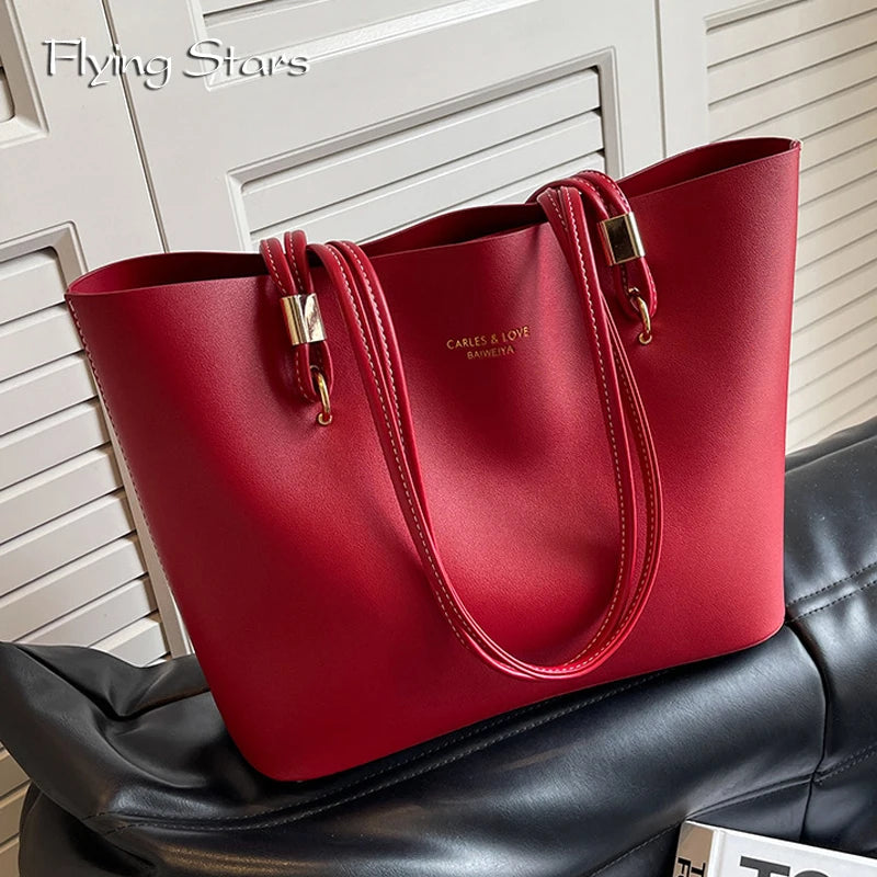 Red Fashion Shoulder Bag Large Capacity Brand Tote Bag PU Leather Luxury Designer Tote Bag Commuter Wedding Party Big Handbag