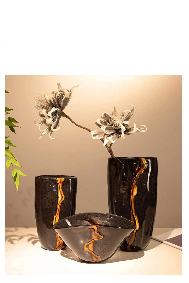 Black Glass Vase Crack Water Ripple Flower Pot Floral Arrangement Accessories Flowerpot Terrarium Room Decoration Accessories