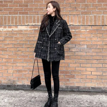 New Vintage Plaid Tweed Blazers Autumn Winter Thicken Fashion Jackets Female Double Breasted Elegant Black Coats Outwear D92