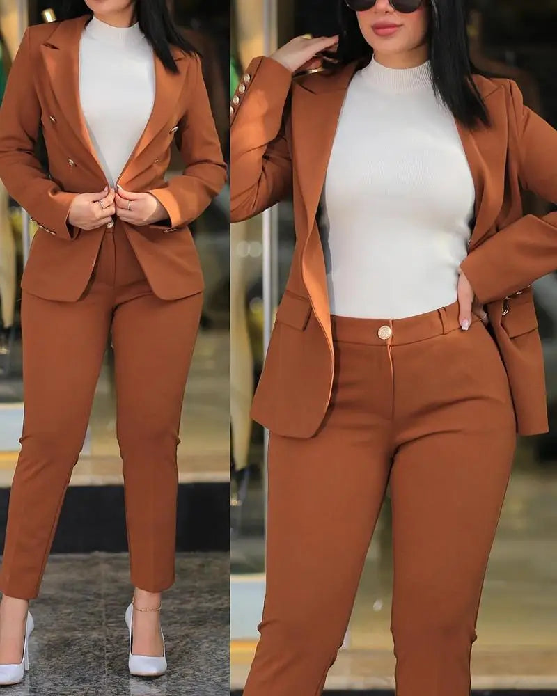 Elegant Office Lady Two Piece Sets New Autumn Winter Women Fashion Notched Neck Long Sleeve Blazer & High Waist Work Pants Suit