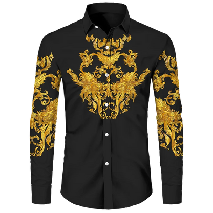 Golden Flower Pattern Print Men's Shirts Casual Single-Breasted Cardigan Long Sleeve Shirt Fashion Trend Tops Men Clothing