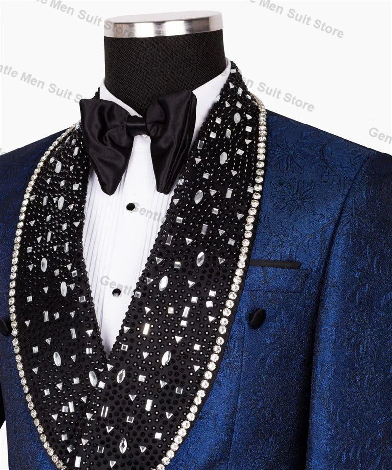 Blue Jacquard Crystals Men Suits 2 Piece Blazer+Black Trousers Wedding Tuxedo Male Prom Coat Customized Formal Office Jacket