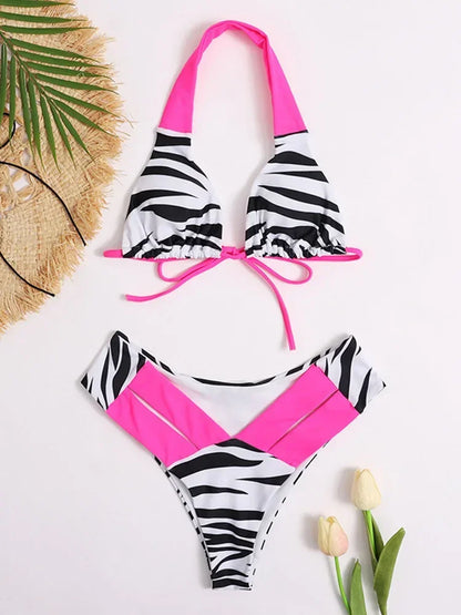 Sexy Splicing Zebra Halter Brazilian Bikini Women Swimsuit Female Thong Swimwear Two Piece Bikini Set High Cut Bathing Suit Swim