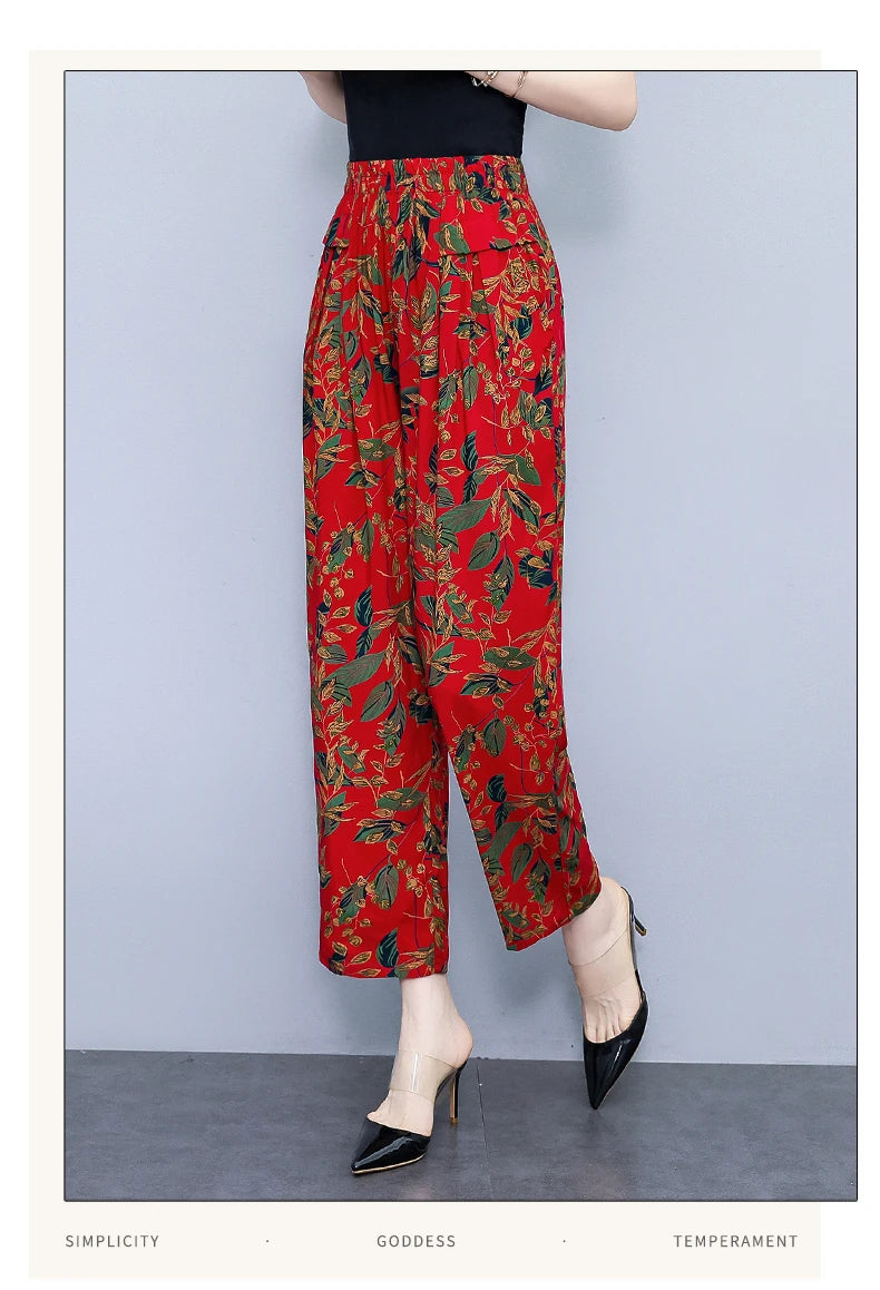 Women Pants High Waist Loose Print Summer Pants for Women Elastic Waist Vintage Clothing