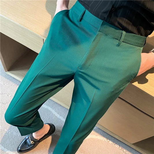 9 Color Summer Fashion Mens Suit Pants Pure Color Business Formal Pants Slim Fit Office Mens Wedding Social Ankle Long Trousers