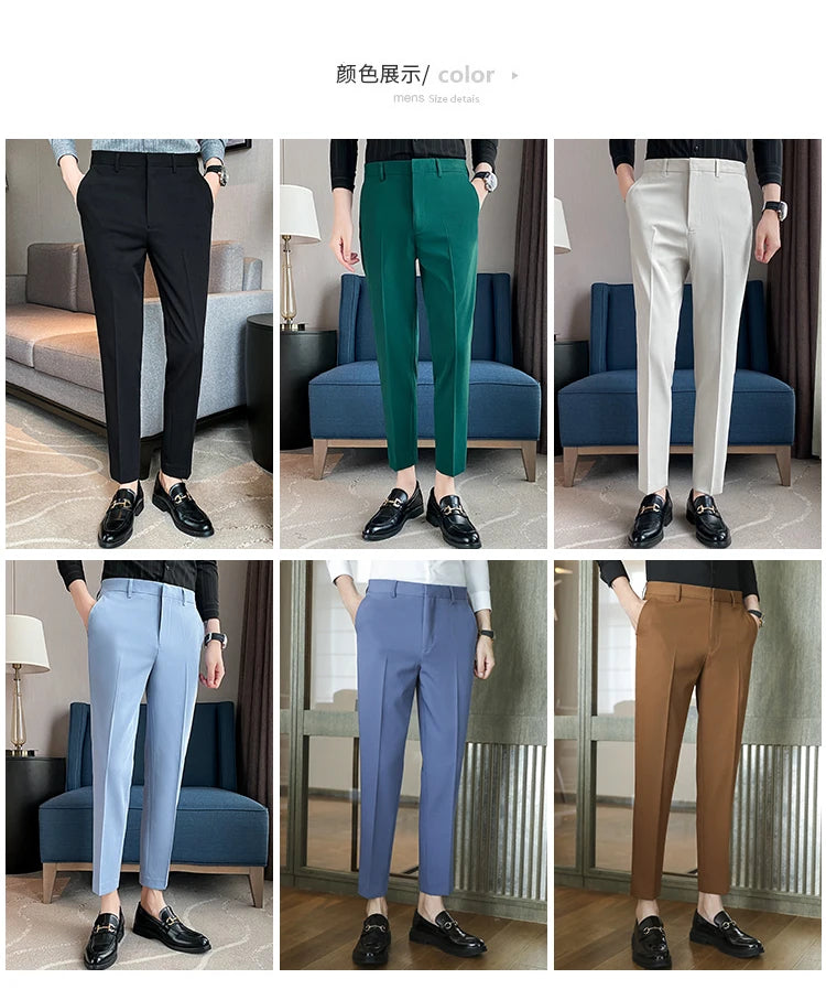 9 Color Summer Fashion Mens Suit Pants Pure Color Business Formal Pants Slim Fit Office Mens Wedding Social Ankle Long Trousers