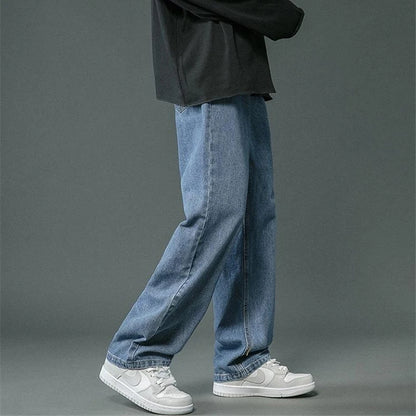 Korean Men's Casual Hip Hop Long Baggy Jeans Classic Man Straight Wide Leg Denim Pants Light Blue Grey Black Streetwear Trousers