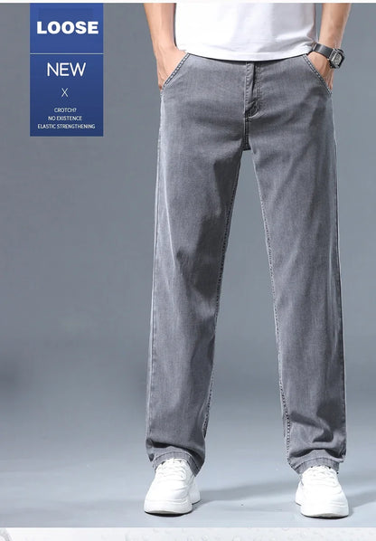 Summer Men's Lyocell Baggy Jeans Thin Soft Drape Business Casual Trousers Classic Smoke Gray Brand Straight Ice Silk Pants