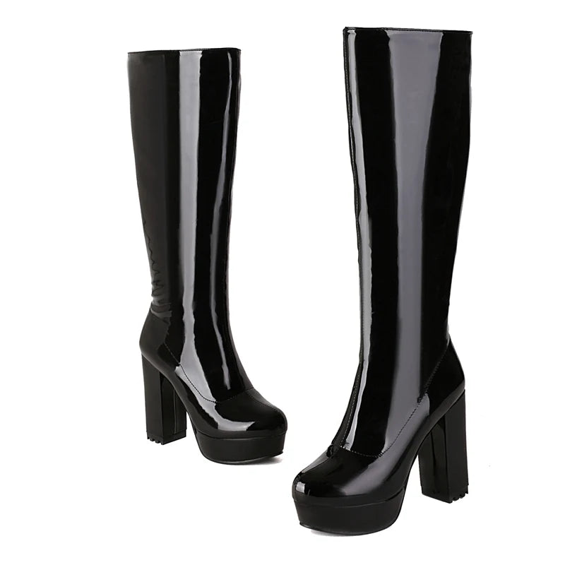 Platform Knee High Boots Women Sexy Patent Leather Women's High Boot White Red Yellow Green Party Shoes Ladies Winter Large Size