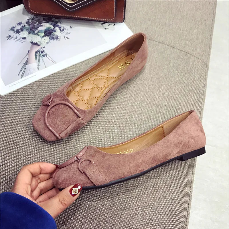 Flat Shoes for Women Spring 2023 New Suede Square Toe Shallow Cut Flat Bottomed Lefu Soft Bean Shoes Ladies big size 44 45 46